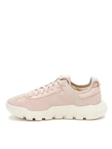 Sneaker Caterpillar modelo Hex Lite Qt para mujer, en color rosado. Presenta capellada de gamuza con revestimiento metalizado, cordones tono sobre tono y suela chunky de EVA color blanco con diseño texturizado.