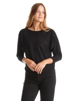 Buzo negro de tejido con strass, marca LIV Milano. Cuello redondo, manga japonesa y largo ¾.