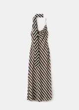 Vestido largo de fiesta con diseño de rayas diagonales en tonos beige y negro. Cuenta con tirantes finos, cuello drapeado y un adorno de fular incorporado en el cuello.