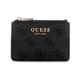 Billetera Guess modelo Laurel II, de color negro con estampado del monograma de la marca, cierre superior con cremallera y detalles metálicos dorados con el logotipo al frente.