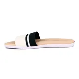 Sandalias planas Beira Rio para mujer, con base color beige y faja ancha superior decorada con franjas horizontales de colores: bordó, naranja, amarillo y turquesa.