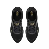Championes deportivos EA7 Emporio Armani modelo Crusher Sonic Mix, color negro con detalles en blanco. Presentan una estructura combinada de malla y material sintético, con entresuela blanca gruesa y logo de la marca en el lateral y el talón.