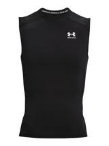 Musculosa de compresión Under Armour modelo HeatGear, color negro, con diseño ergonómico sin mangas, cuello redondo y logo de la marca estampado en el pecho. Cuenta con paneles de malla estratégicos para mayor ventilación y tejido de secado rápido.