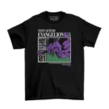 Remera negra de manga corta con estampa frontal inspirada en el anime Neon Genesis Evangelion, presentando al Eva-01 en tonos violeta y verde sobre un fondo gráfico.