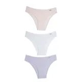 Pack de tres bombachas tipo bikini de algodón, con diseño liso y corte clásico. Incluye una unidad en color rosado, una en blanco y una en lila.