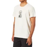 Remera blanca de manga corta con cuello redondo y estampado de una sirena sentada sobre una calavera con un sol detrás.