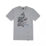 Remera gris de manga corta con cuello redondo y estampado de un pájaro en una rama.