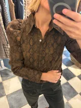 Camisa marrón con estampado de piel de serpiente, cuello clásico, mangas largas abullonadas y cierre frontal con botones.