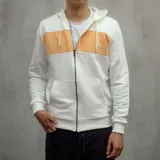 Campera con capucha color blanco y franja horizontal color durazno en el pecho.