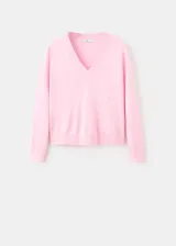 Chaleco de punto fino color rosado, con diseño recto, cuello en V y mangas largas.