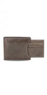 Billetera marrón de cuero con bolsillo al frente, tarjetero extraíble con elástico, doble compartimento para billetes, tarjeteros y bolsillos.