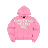 Campera con cierre frontal, de color rosa, con diseño boxy fit y estampa frontal con la frase 'EMOTIONS NEVER DIE' decorada con strass.