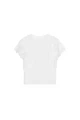 Camiseta de cuello redondo y manga corta con volantes laterales decorados con bordados florales a tono.