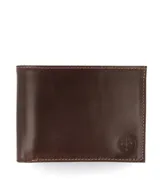 Billetera de cuero color marrón chocolate, con costuras a tono y logo grabado en la esquina inferior derecha.