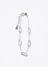 Pulsera de plata 925 con cadena fina y eslabones rectangulares intercalados pavimentados con circones. Cuenta con cierre de mosquetón y cadena de alargue con chapita grabada.