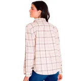 Camisa de franela a cuadros color vainilla, con bolsillos en el pecho, botones metálicos y logo de CAT en la costura lateral.