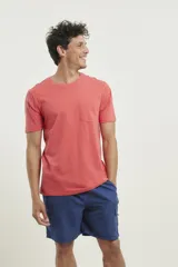 Remera gris con bolsillo ojal en el pecho, de manga corta y cuello redondo.
