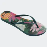 Ojotas Havaianas Slim Summer Bliss con estampado floral multicolor y tiras finas color verde oscuro.