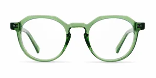 Lentes con protección de luz azul y UV400, de montura geométrica fabricada en material bio-based color verde traslúcido.