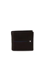 Billetera de cuero color marrón con volante central, doble visor transparente para documentos y doble compartimento para billetes.