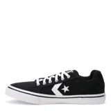 Championes Converse modelo Distrito, de caña baja, confeccionados en lona negra con detalles en blanco. Presentan el icónico logo de estrella y chevron en el lateral, cordones blancos y suela de goma resistente.