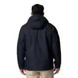 Campera 3 en 1 Columbia con tecnología Omni-Tech impermeable y transpirable. Cuenta con una capa exterior de color negro con capucha desmontable, cierre frontal y bolsillos, y una campera interior de forro polar que puede usarse por separado o combinada.