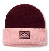 Gorro de lana con diseño bicolor, parte superior en color bordó y borde enrollable en color rosado. Incluye un parche frontal con el logo de la marca Columbia.