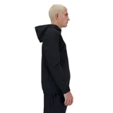 Campera deportiva New Balance color negro, con capucha de tres piezas, cierre frontal completo, mangas largas y logo estampado en el pecho.