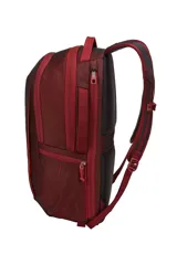 Mochila Thule Subterra de 30 litros color borgoña, con logo blanco estampado en el frente. Cuenta con compartimento acolchado para laptop de 15 pulgadas, bolsillo para tablet, PowerPocket para organizar cables y correas acolchadas para los hombros. Se puede sujetar a una maleta con ruedas.