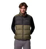Chaleco acolchado Columbia modelo Pike Lake II Vest Omni-Heat, con diseño bicolor en tonos verde militar y negro. Cuenta con cuello alto, cierre frontal completo y bolsillos laterales con cremallera.