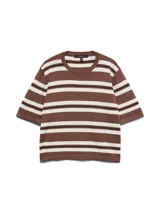 Sweater oversize de punto con diseño de rayas horizontales en tonos marrones y blancos, de manga corta y cuello redondo.