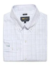 Camisa de manga larga RKF con estampado de cuadrícula fina en tonos azules y verdes sobre fondo blanco. Presenta cuello americano abotonado, cierre frontal con botones, puños ajustables y un bolsillo en el pecho con el logo de la marca bordado.