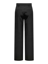 Pantalón sastrero negro de tiro alto y diseño wide leg, con cierre frontal de gancho y cremallera, y pasacintos en la cintura.