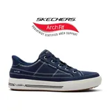 Championes Skechers Slip-ins Arch Fit Arcade, color azul marino con detalles en blanco. Diseño slip-on con cordones elásticos, capellada de lona, plantilla Arch Fit con soporte certificado por podólogos y suela de goma.