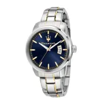 Reloj Maserati modelo Successo R8853121011 para hombre, con caja de acero inoxidable plateada de 42mm y brazalete de acero plateado con detalles dorados. Tiene esfera azul con el logo de Maserati, movimiento de cuarzo Miyota, cristal mineral y ventana de fecha. Resistencia al agua de 5 ATM.