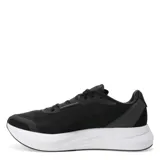 Championes de running Adidas Duramo Speed, color negro con las tres tiras características en blanco y suela blanca con tecnología Lightstrike. Presentan una parte superior de malla transpirable y cierre con cordones.