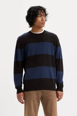 Sweater de punto con diseño de rayas horizontales anchas en color azul y negro. Presenta cuello redondo, mangas largas y terminaciones acanaladas en puños y ruedo.