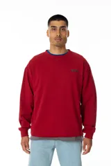 Buzo rojo de jersey doble 100% algodón, con corte levemente boxy y logo frontal serigrafiado en estilo graffiti. Costuras negras visibles y cuello redondo con ribete azul. Hecho en Uruguay.