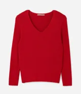 Blusa negra de punto liviano con textura acanalada, escote en pico y mangas largas.