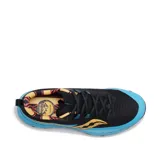 Championes de trail running Saucony Peregrine 13, color negro con detalles en celeste y amarillo.