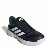 Championes deportivos Adidas Ligra 8 para mujer, diseñados para deportes de cancha cubierta. Presentan un diseño en color negro con las icónicas tres rayas laterales en blanco, confeccionados en una combinación de malla transpirable y cuero sintético con punta reforzada Adituff. Incluyen mediasuela amortiguada y suela de goma para un agarre óptimo en superficies indoor.