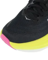 Championes de running Hoka Bondi 8 para mujer, color negro con detalles en amarillo, rosa y celeste. Capellada de malla técnica, entresuela de espuma ligera y suela de goma Durabrasion.