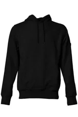 Canguro gris con capucha y cordones negros, bolsillos frontales y puños y cintura acanalados.