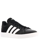 Championes urbanos Adidas Grand Court Base 2.0, color negro con las icónicas tres tiras laterales en blanco y suela de goma blanca. Diseño clásico de inspiración tenística con cierre de cordones.