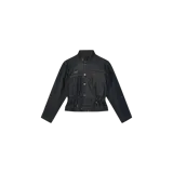 Campera de denim azul oscuro con cuello alto, cierre frontal de botones metálicos, bolsillos frontales y cordón ajustable en la cintura.