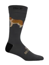 Calcetín gris de caña media con estampado de perro San Bernardo y logo RKF en la parte superior. Presenta talón en color negro y texto bordado en el empeine.