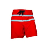 Short de baño rojo con franjas horizontales celestes y cordón de ajuste negro.