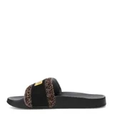 Sandalias Puma Leadcat 2.0 Animal Flair, con base negra y tira ancha superior con estampado animal print y logo Puma en dorado.