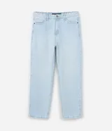 Pantalon de jean gris con lavado deslavado, de corte baggy y silueta holgada. Cuenta con bolsillos al frente y atras, y cierre de boton y cremallera.