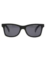 Lentes de sol RKF Portofino para hombre, con montura cuadrada negra y lentes grises. Incluye estuche rígido marrón y paño de limpieza verde.
